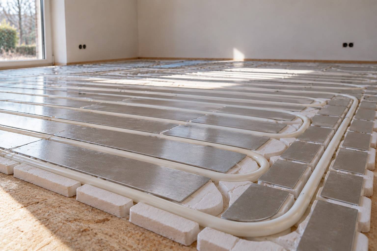 Vloerverwarming in droogbouw: buis in isolatieplaten met aluminium warmtespreiders op een houten ondervloer