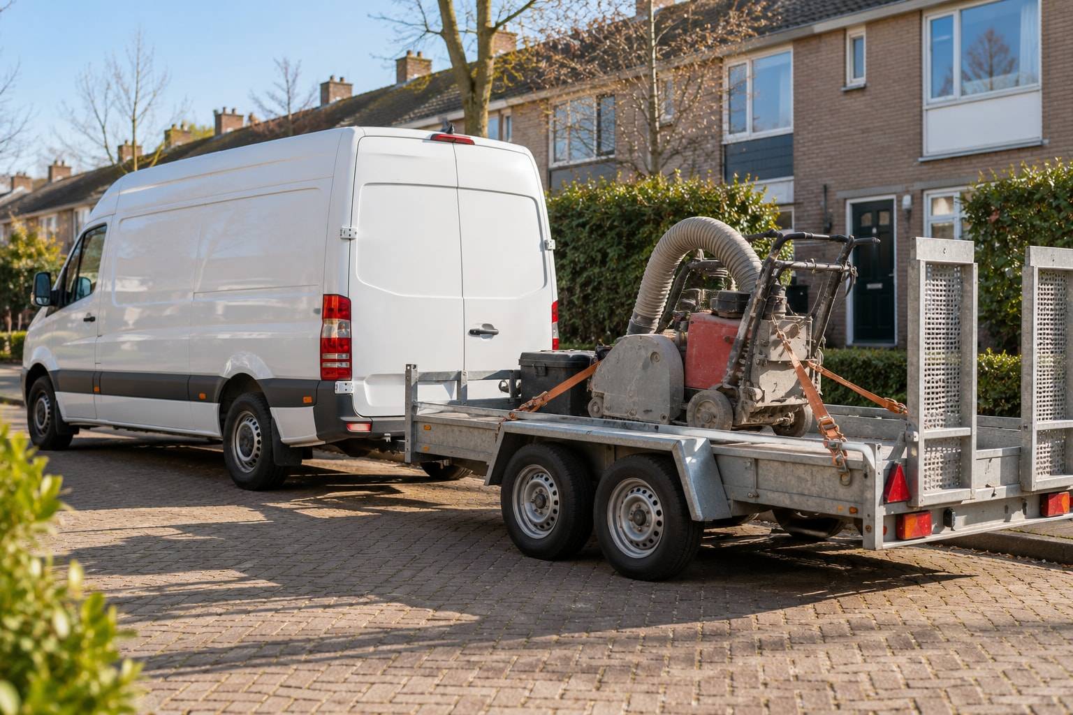 Een bestelbus met aanhanger met een vloerverwarmingsfrees en stofafzuiger in een woonstraat