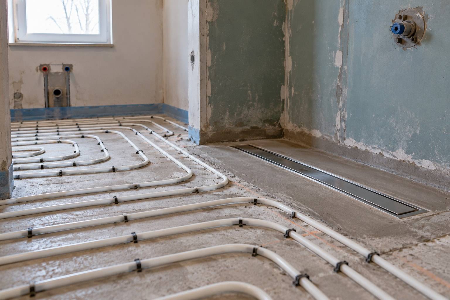Een badkamer in aanbouw met de vloerverwarmingsbuis op de vloer en een douchegoot