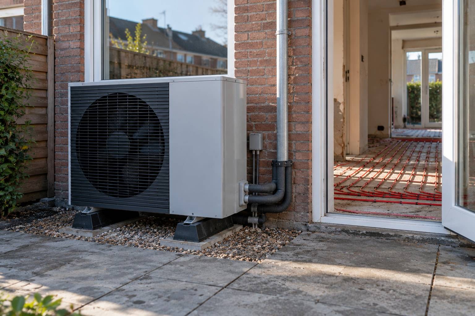 De buitenunit van een warmtepomp naast een woning, met binnen ingefreesde vloerverwarming